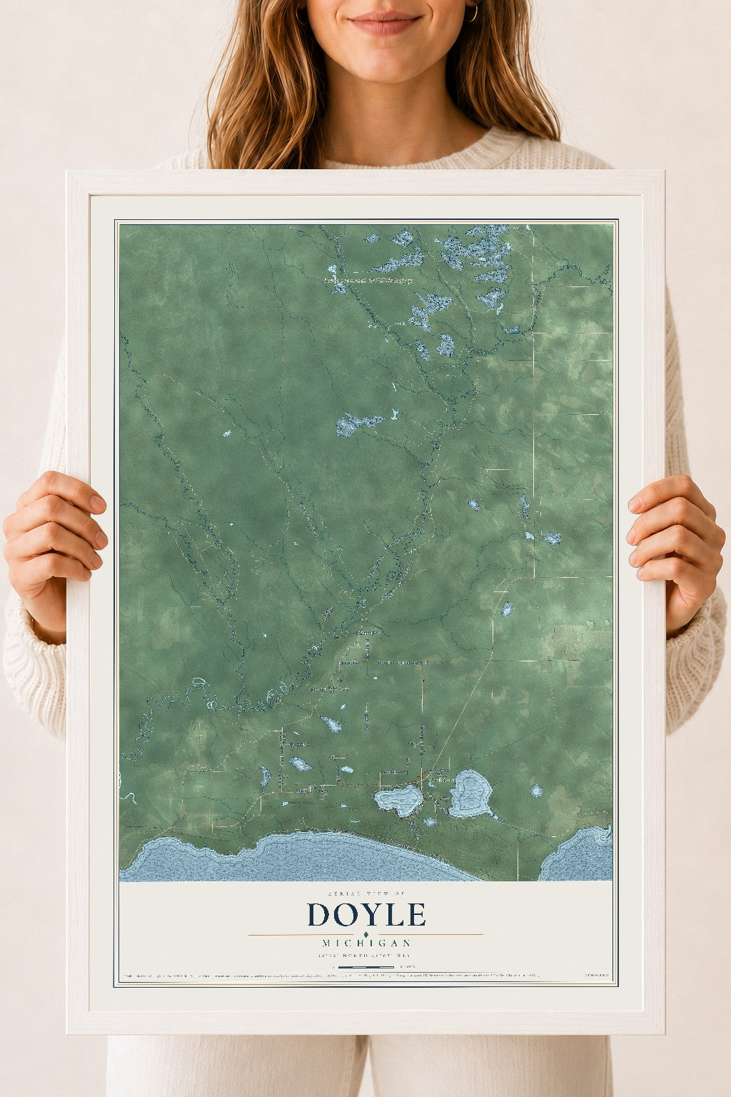 Map of Doyle, Michigan, 18 x 24 inch print in a white wood frame