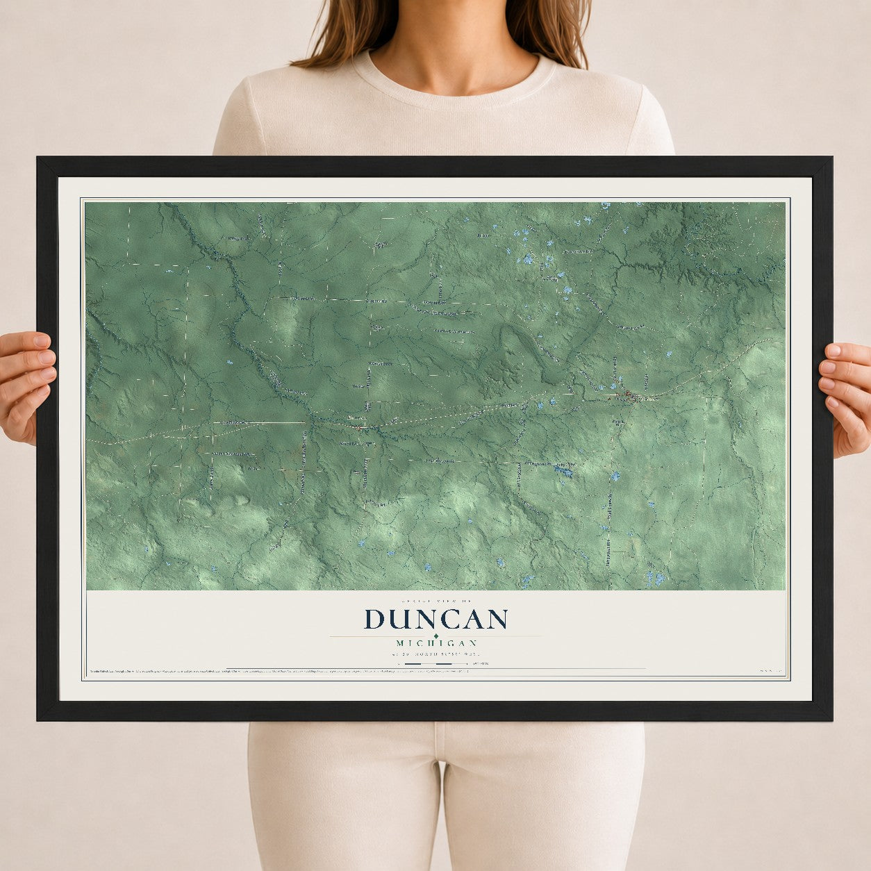 Map of Duncan, Michigan, 18 x 24 inch print in a black wood frame