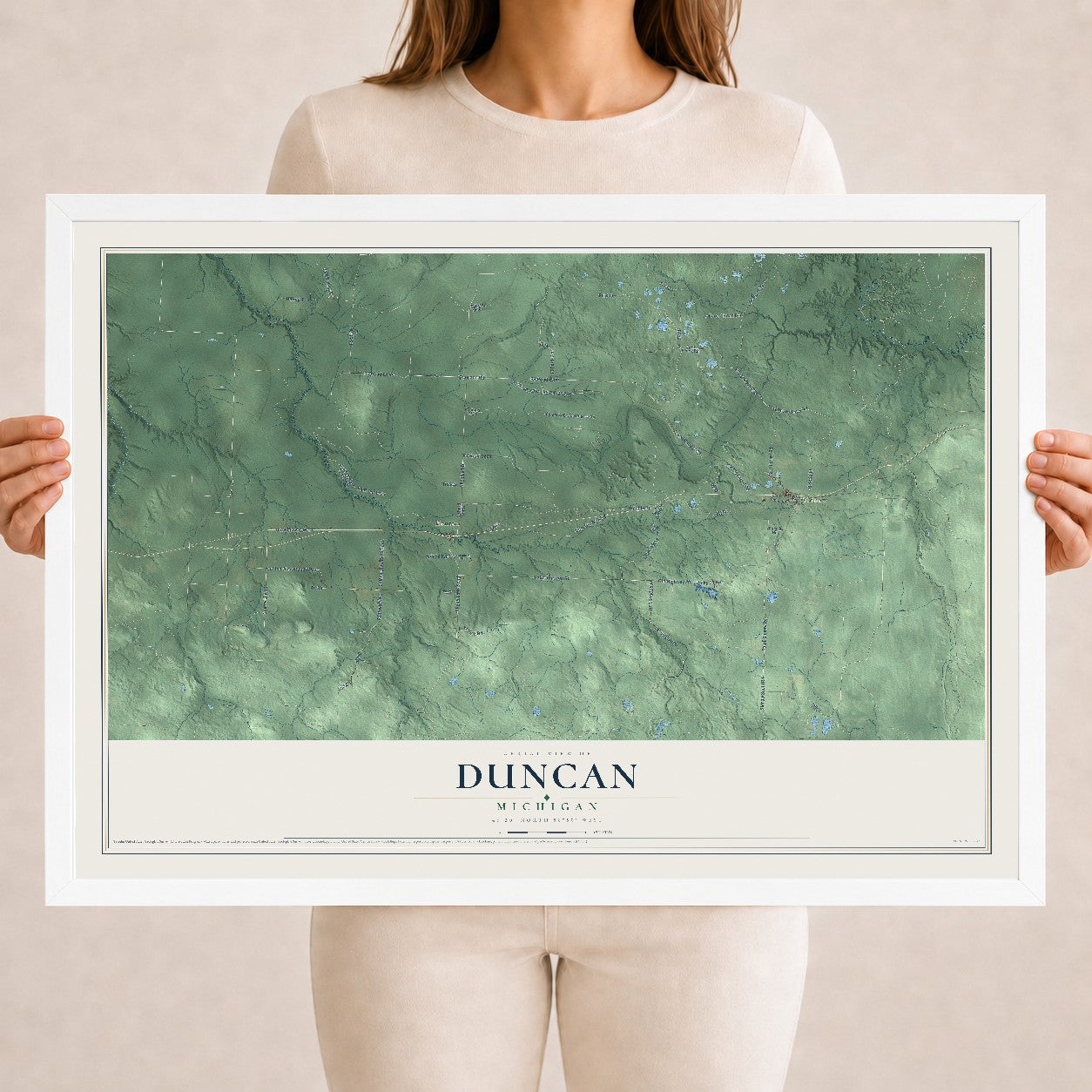 Map of Duncan, Michigan, 18 x 24 inch print in a white wood frame