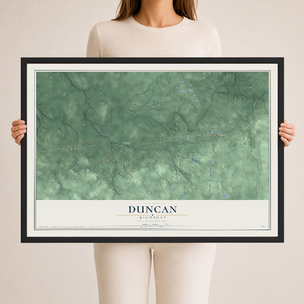 Map of Duncan, Michigan, 24 x 36 inch print in a black wood frame