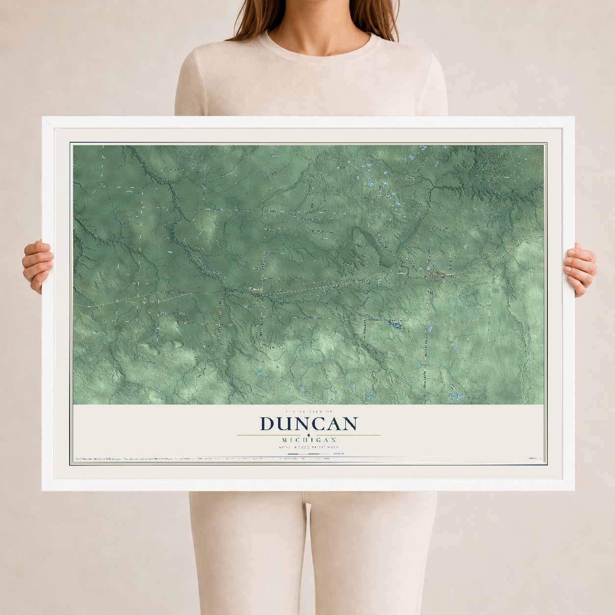 Map of Duncan, Michigan, 24 x 36 inch print in a white wood frame