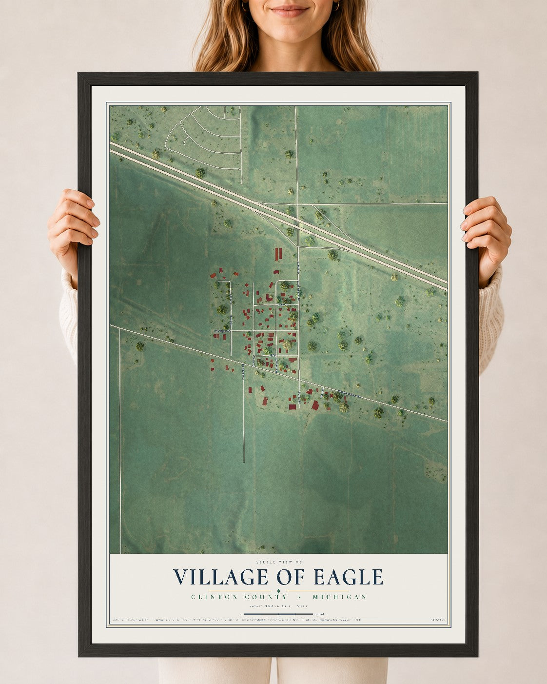Map of Eagle, Michigan, 24 x 36 inch print in a black wood frame