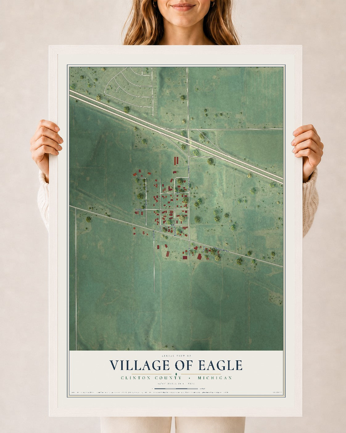 Map of Eagle, Michigan, 24 x 36 inch print in a white wood frame