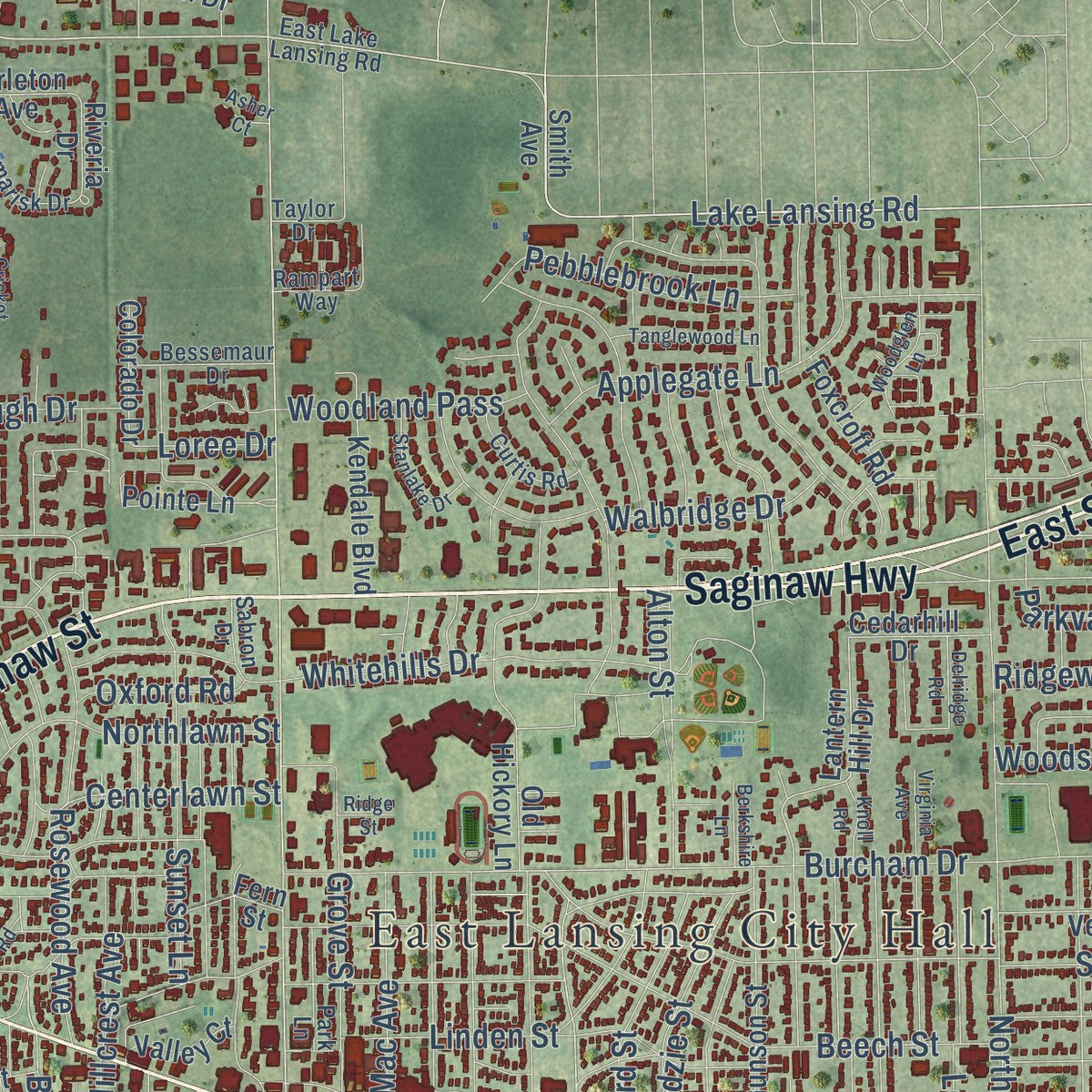 Close-up of the map of East Lansing, Michigan print showing street and building detail