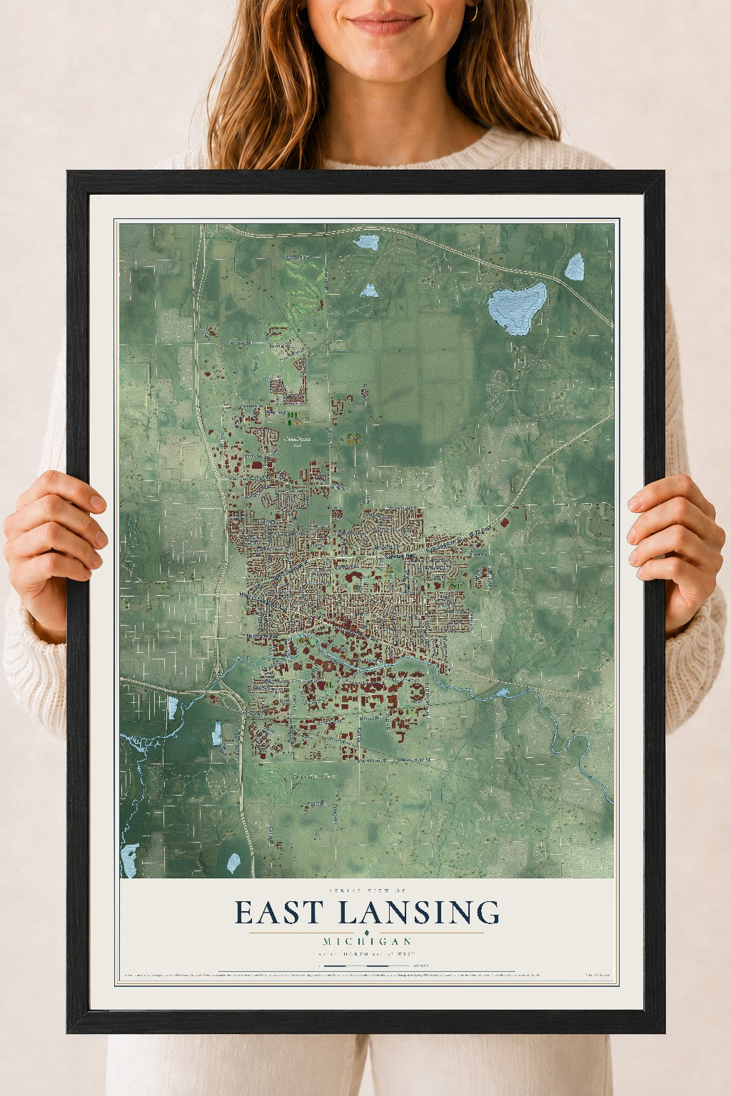Map of East Lansing, Michigan, 18 x 24 inch print in a black wood frame