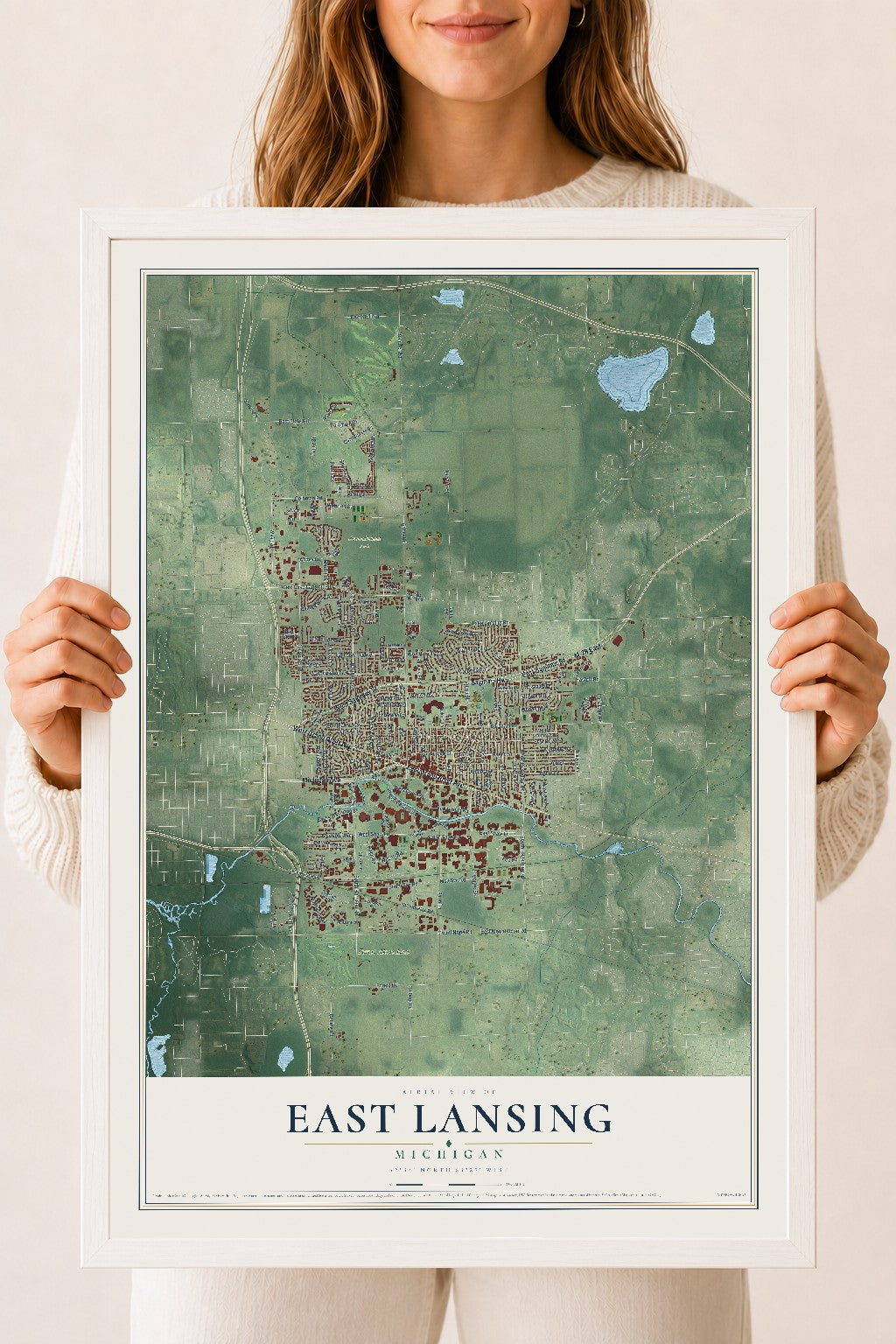 Map of East Lansing, Michigan, 18 x 24 inch print in a white wood frame