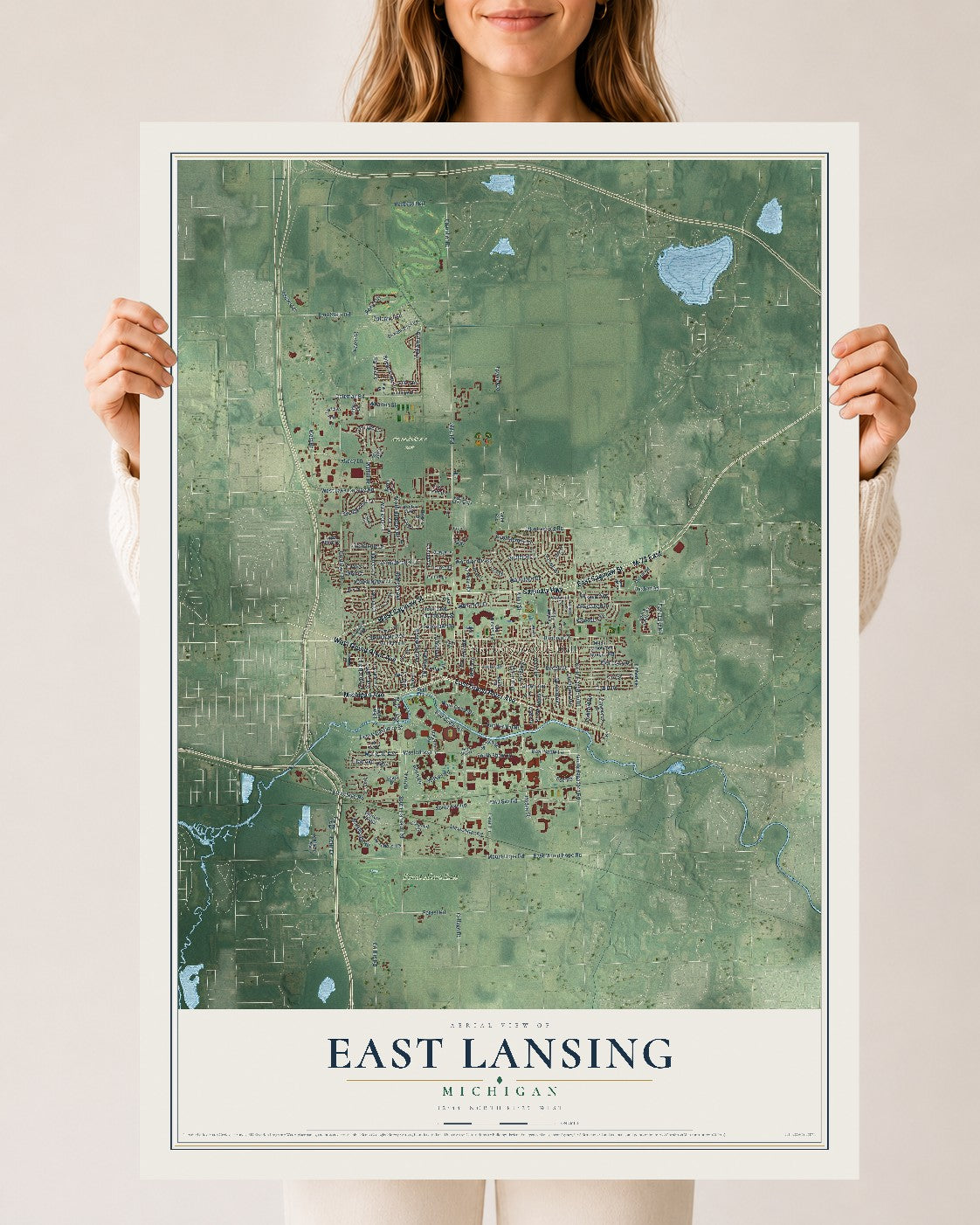 Map of East Lansing, Michigan, 24 x 36 inch unframed archival matte print
