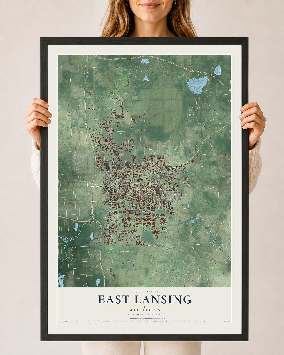 Map of East Lansing, Michigan, 24 x 36 inch print in a black wood frame