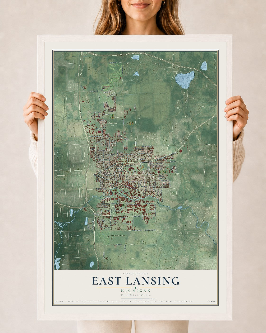 Map of East Lansing, Michigan, 24 x 36 inch print in a white wood frame