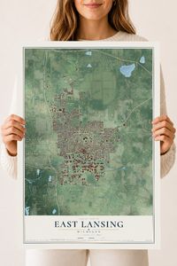 Map of East Lansing, Michigan, 18 x 24 inch unframed archival matte print