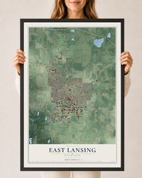 Map of East Lansing, Michigan, 24 x 36 inch print in a black wood frame