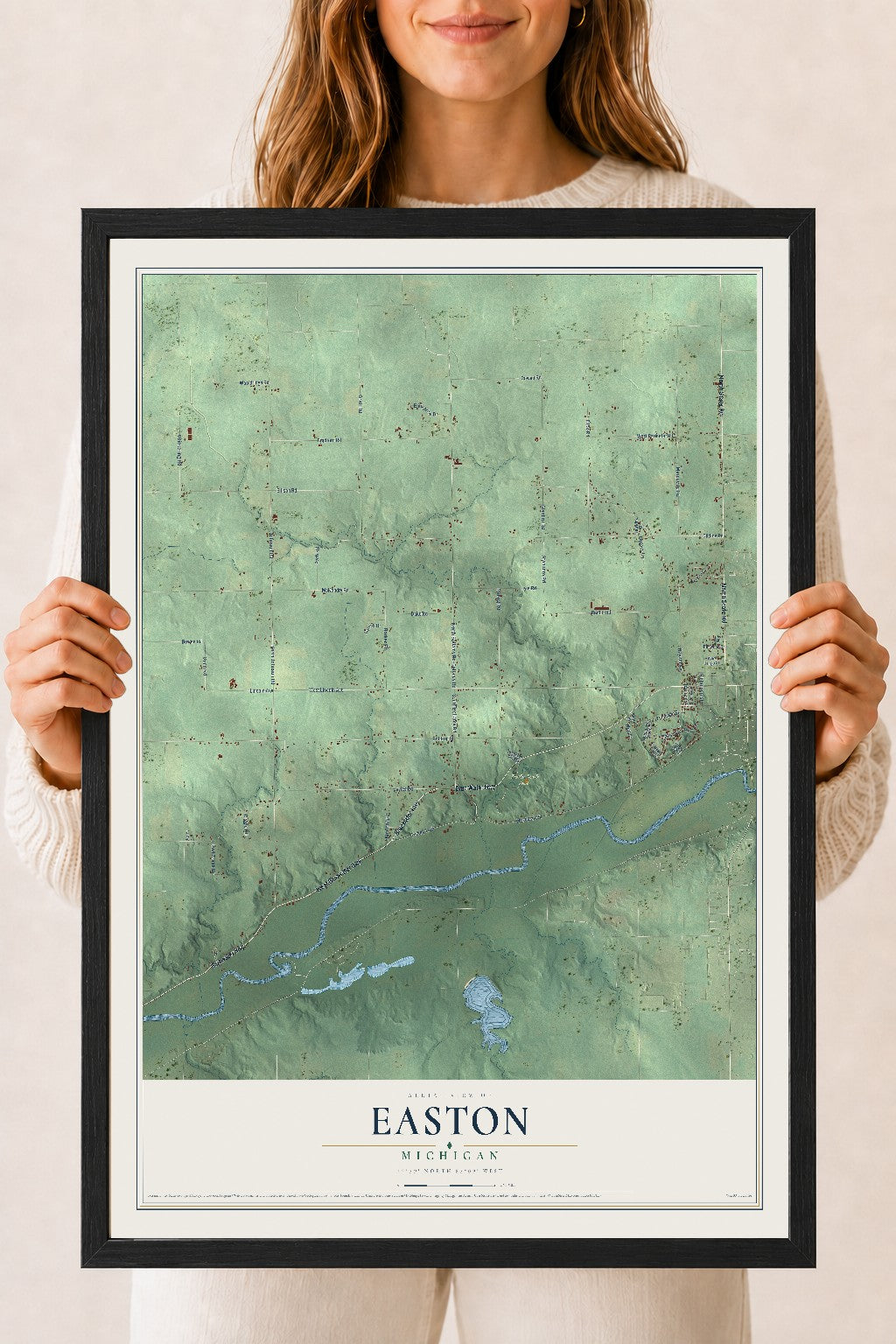 Map of Easton, Michigan, 18 x 24 inch print in a black wood frame