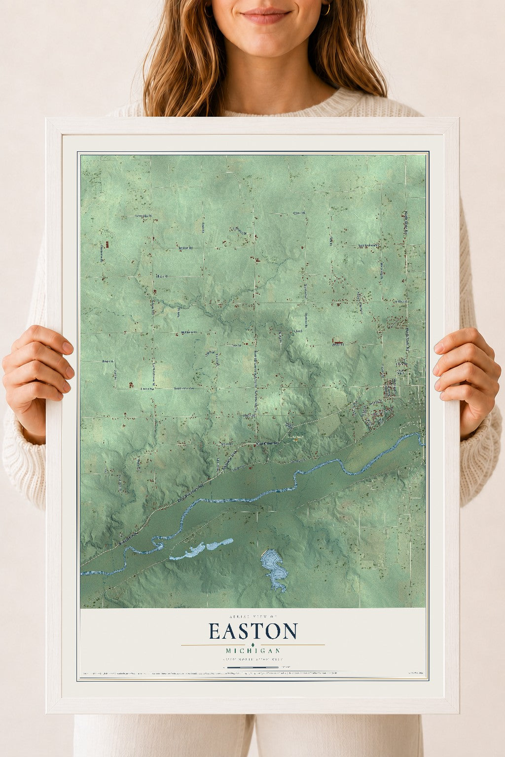 Map of Easton, Michigan, 18 x 24 inch print in a white wood frame