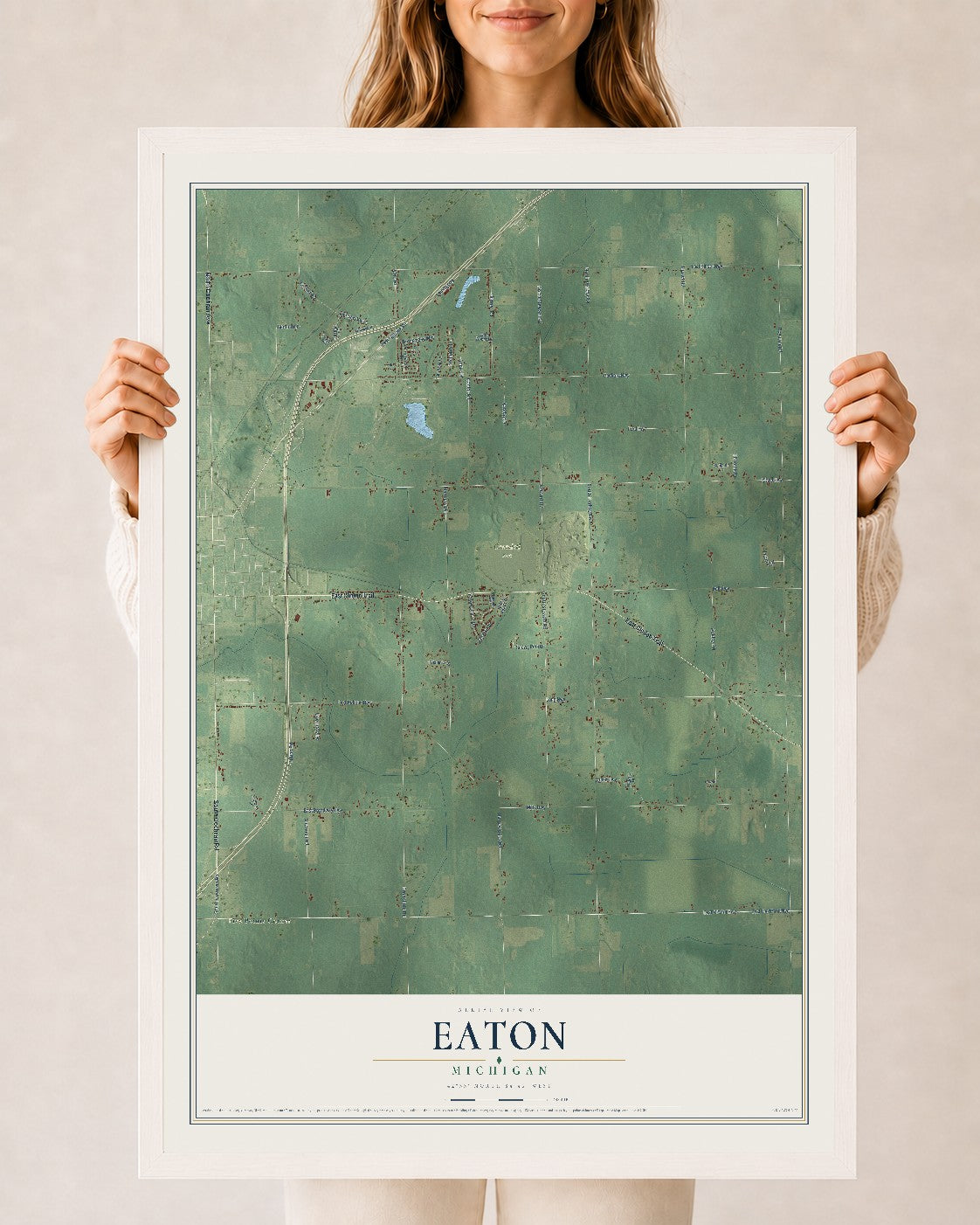 Map of Eaton, Michigan, 24 x 36 inch print in a white wood frame