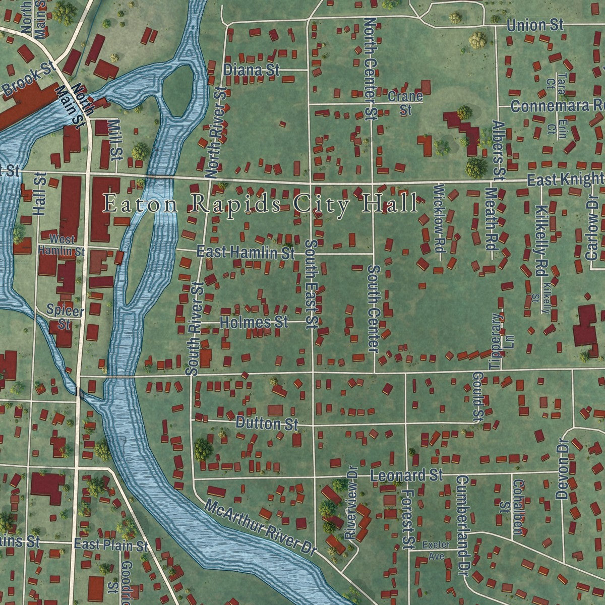 Close-up of the map of Eaton Rapids, Michigan print showing street and building detail