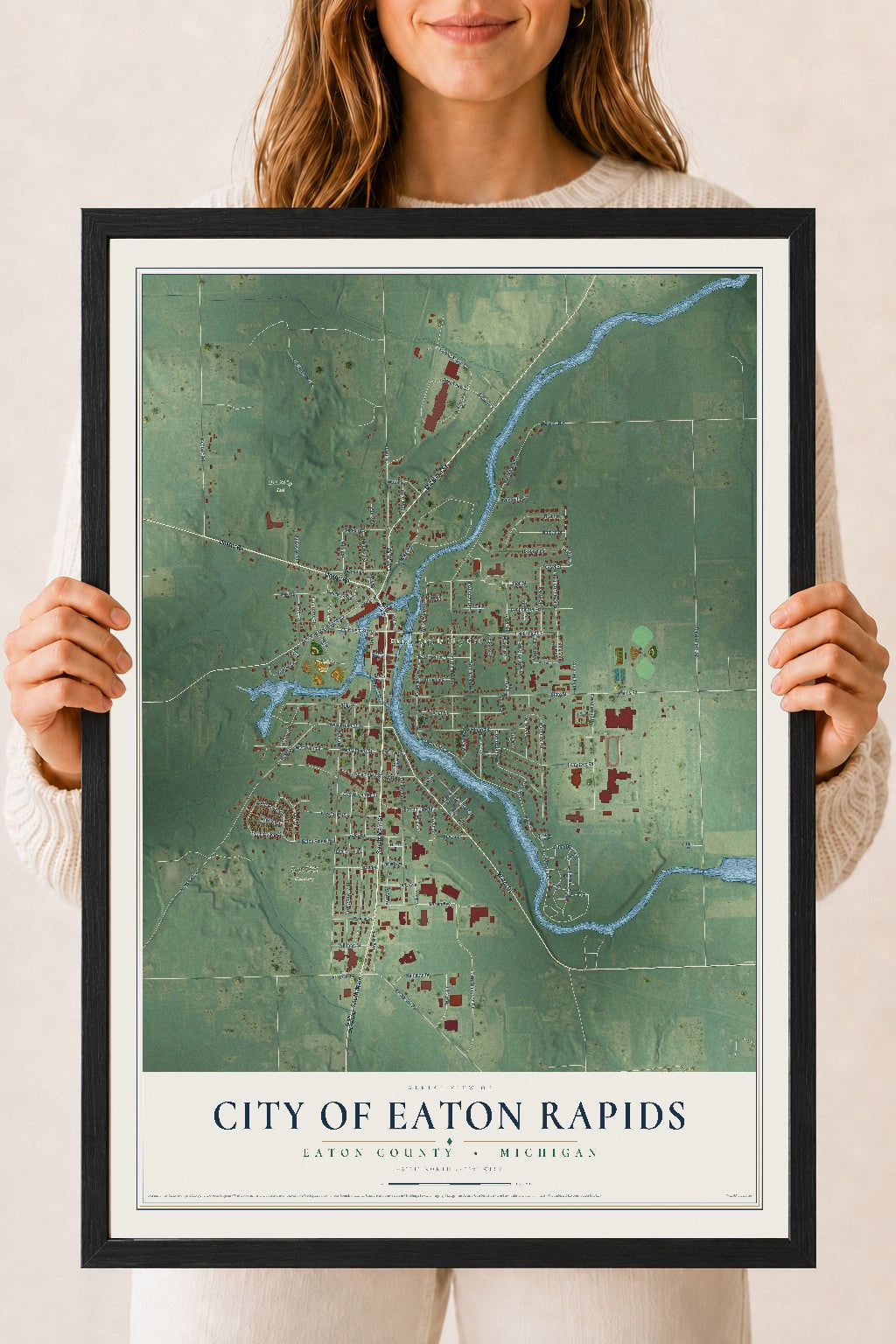 Map of Eaton Rapids, Michigan, 18 x 24 inch print in a black wood frame