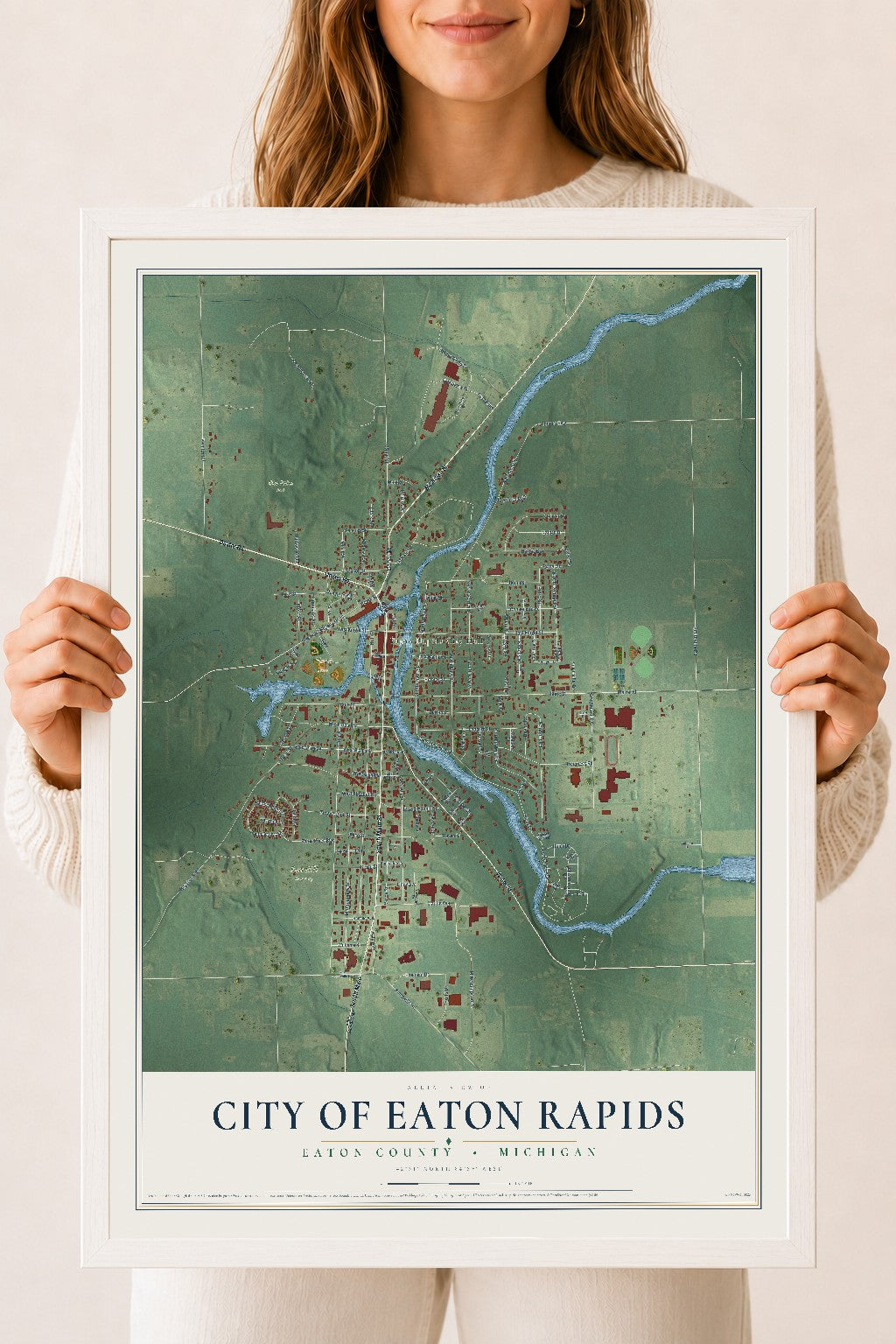 Map of Eaton Rapids, Michigan, 18 x 24 inch print in a white wood frame