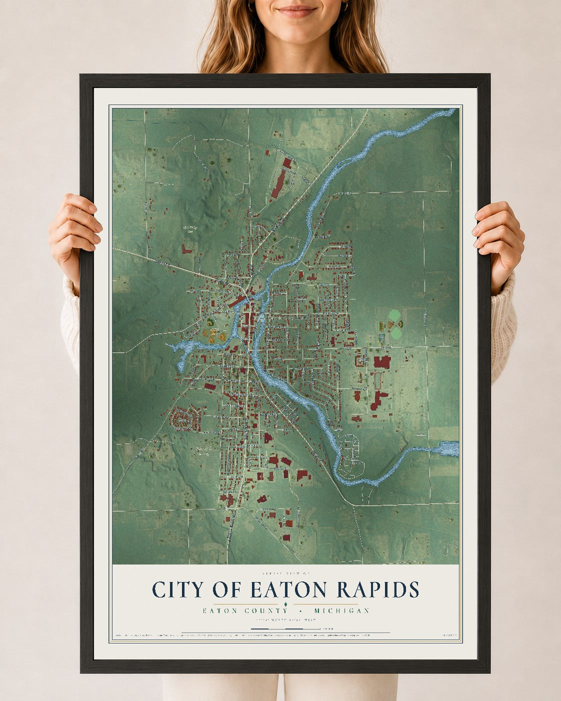 Map of Eaton Rapids, Michigan, 24 x 36 inch print in a black wood frame