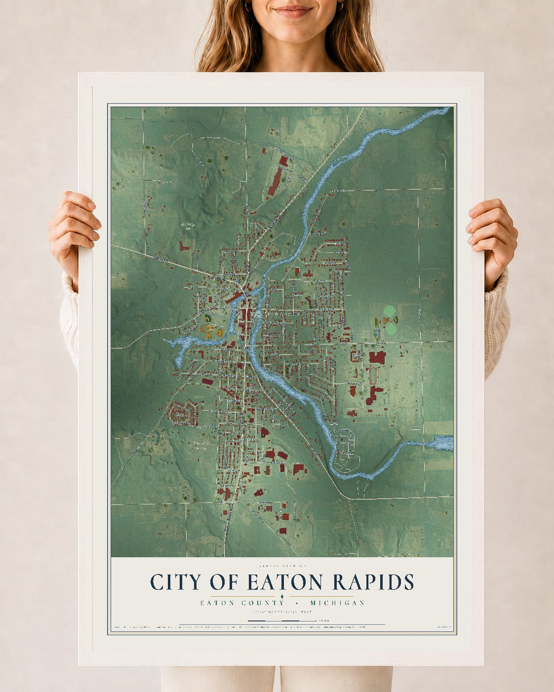 Map of Eaton Rapids, Michigan, 24 x 36 inch print in a white wood frame