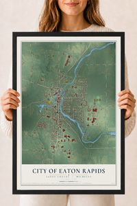Map of Eaton Rapids, Michigan, 18 x 24 inch print in a black wood frame