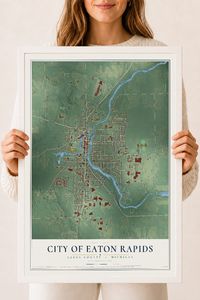 Map of Eaton Rapids, Michigan, 18 x 24 inch print in a white wood frame