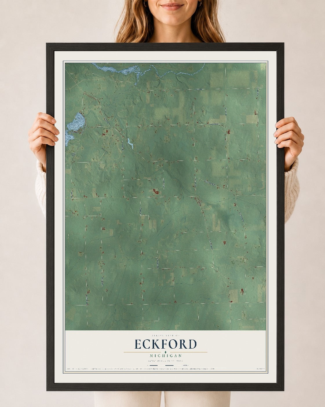 Map of Eckford, Michigan, 24 x 36 inch print in a black wood frame