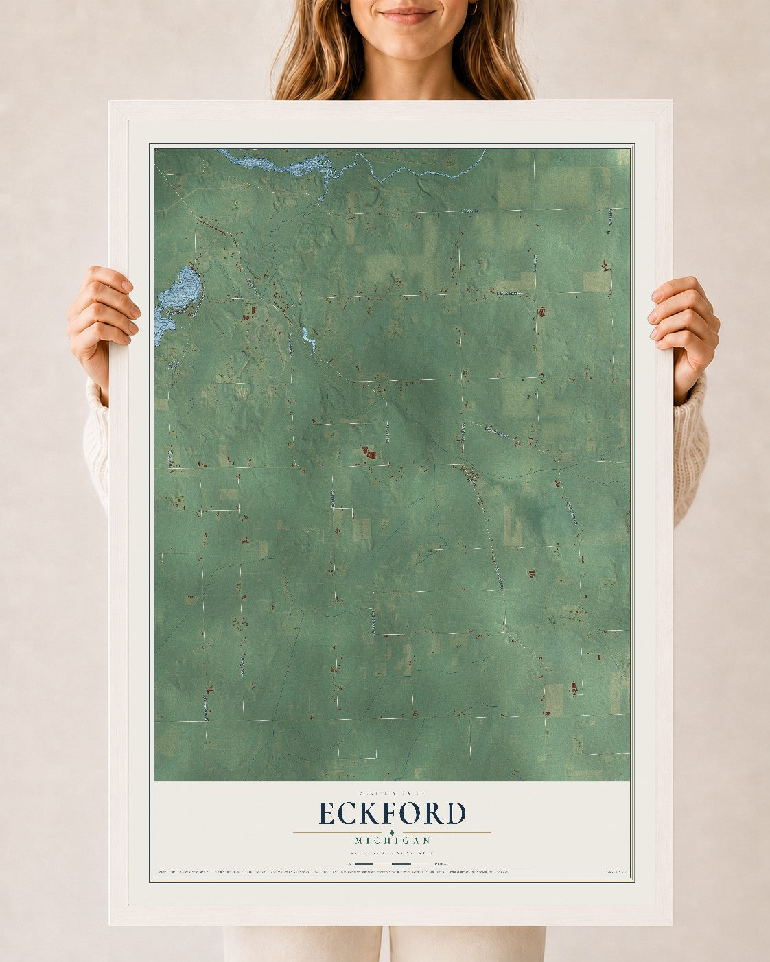 Map of Eckford, Michigan, 24 x 36 inch print in a white wood frame
