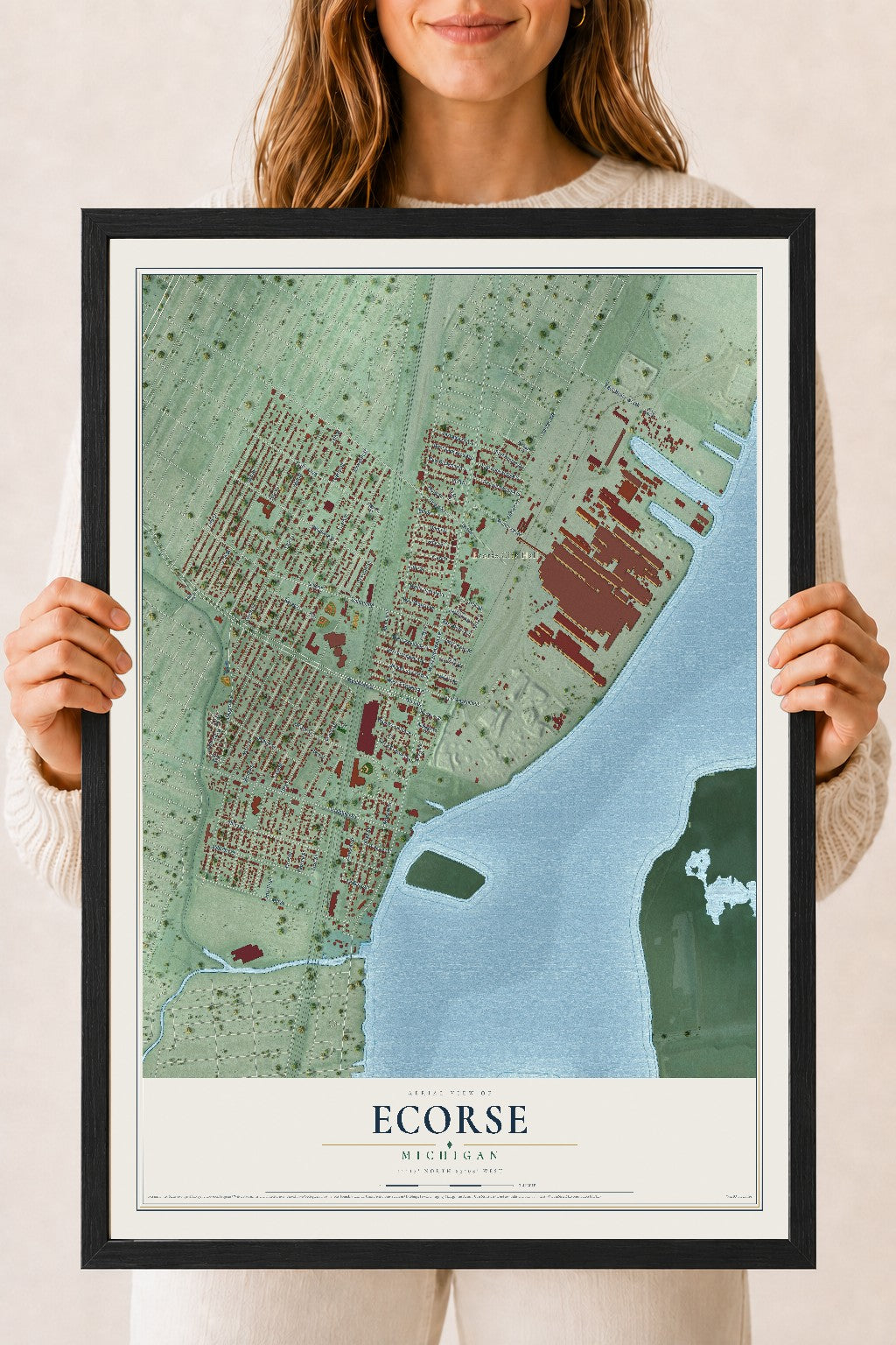 Map of Ecorse, Michigan, 18 x 24 inch print in a black wood frame