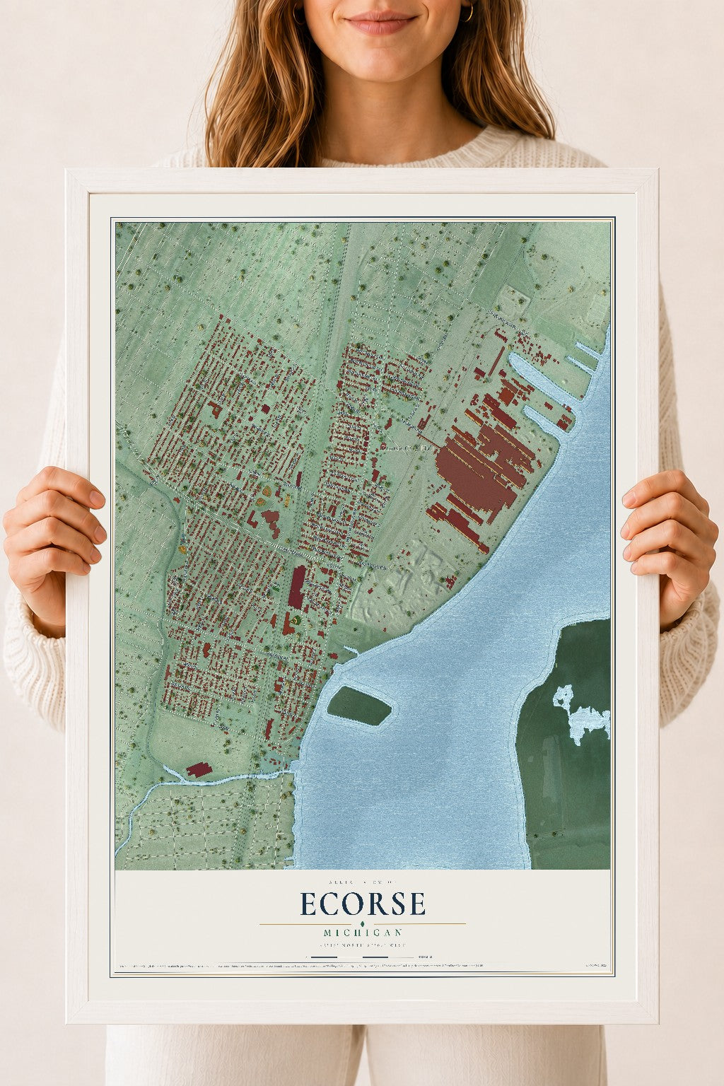 Map of Ecorse, Michigan, 18 x 24 inch print in a white wood frame