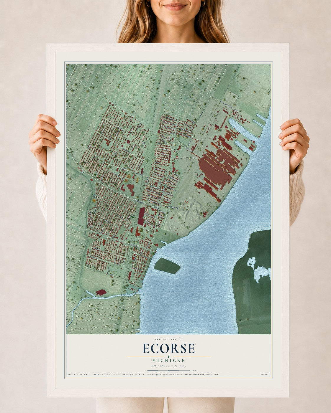 Map of Ecorse, Michigan, 24 x 36 inch print in a white wood frame