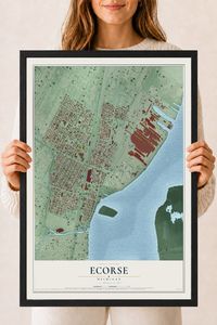 Map of Ecorse, Michigan, 18 x 24 inch print in a black wood frame