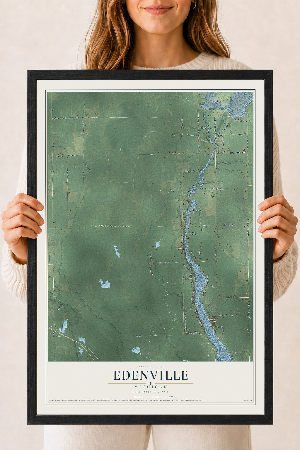 Map of Edenville, Michigan, 18 x 24 inch print in a black wood frame