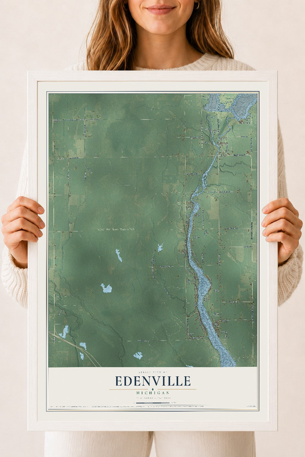 Map of Edenville, Michigan, 18 x 24 inch print in a white wood frame
