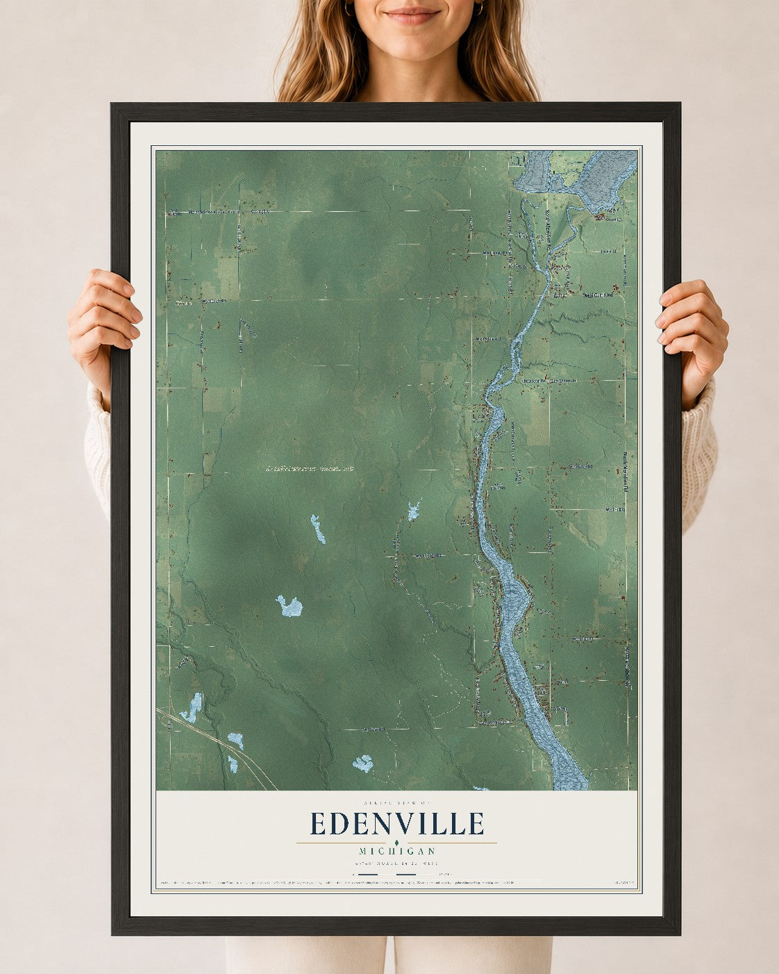 Map of Edenville, Michigan, 24 x 36 inch print in a black wood frame