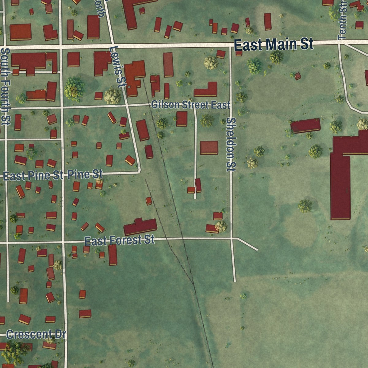 Second close-up of the map of Edmore, Michigan print showing more streets and buildings