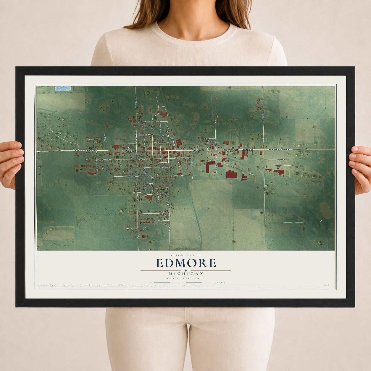 Map of Edmore, Michigan, 18 x 24 inch print in a black wood frame