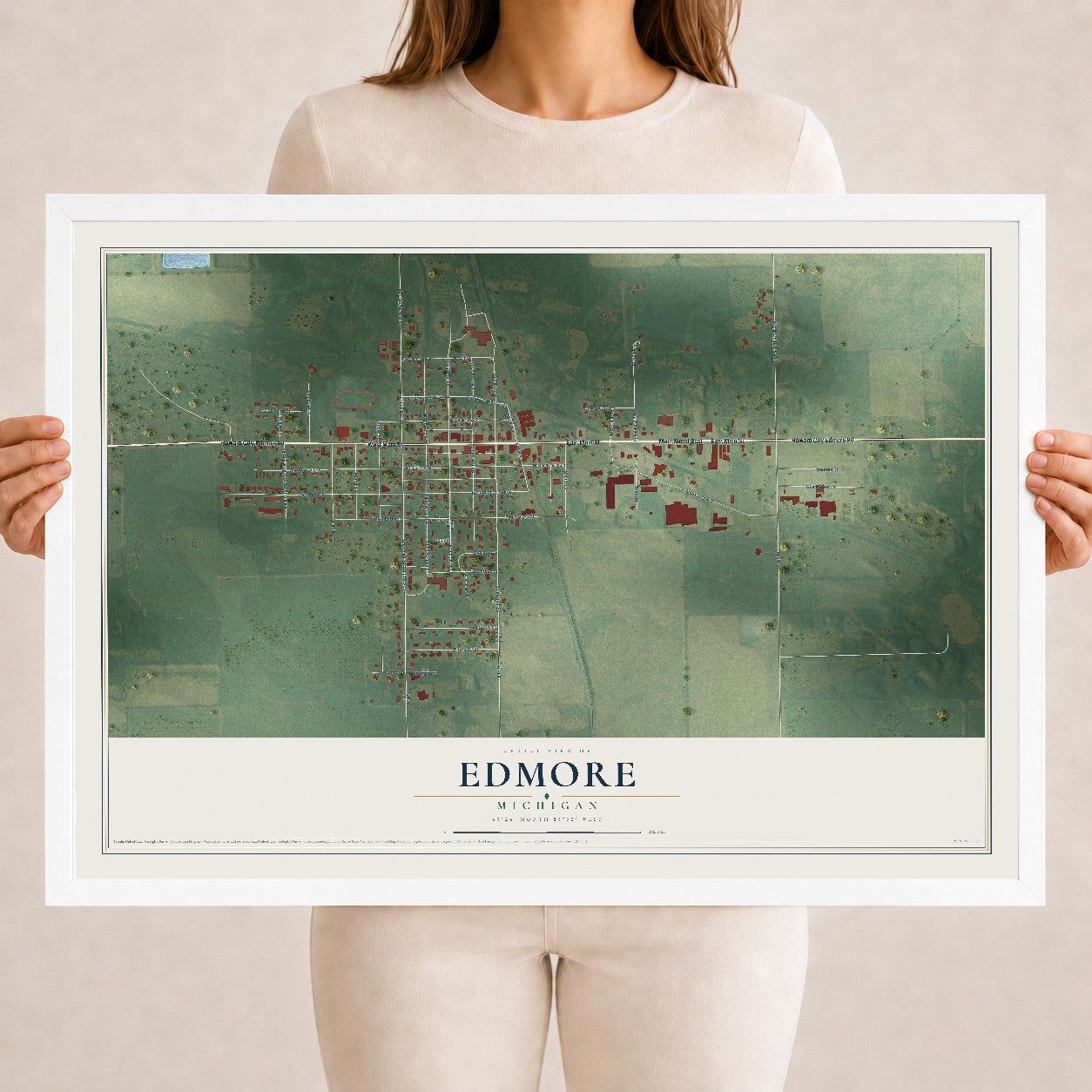 Map of Edmore, Michigan, 18 x 24 inch print in a white wood frame