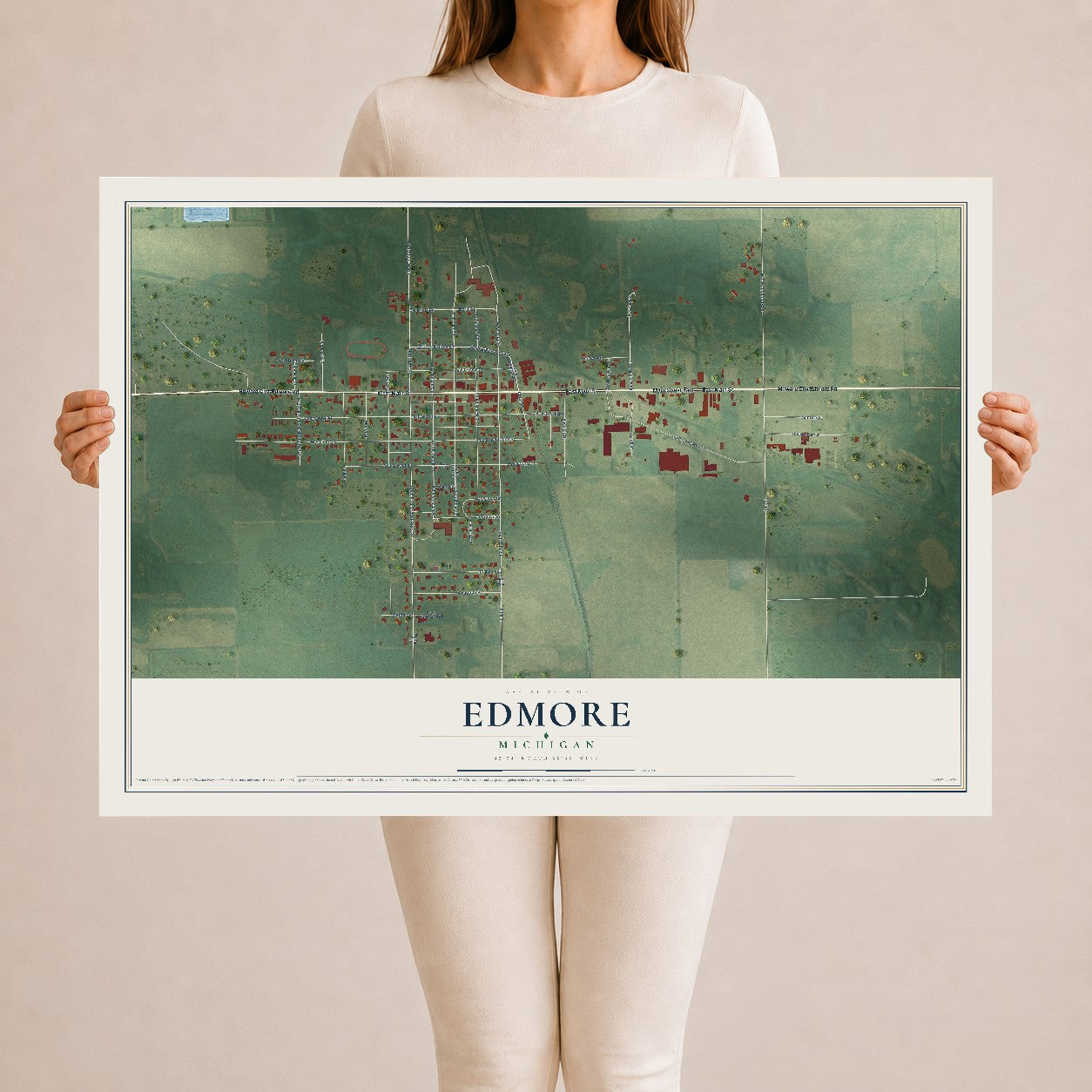 Map of Edmore, Michigan, 24 x 36 inch unframed archival matte print