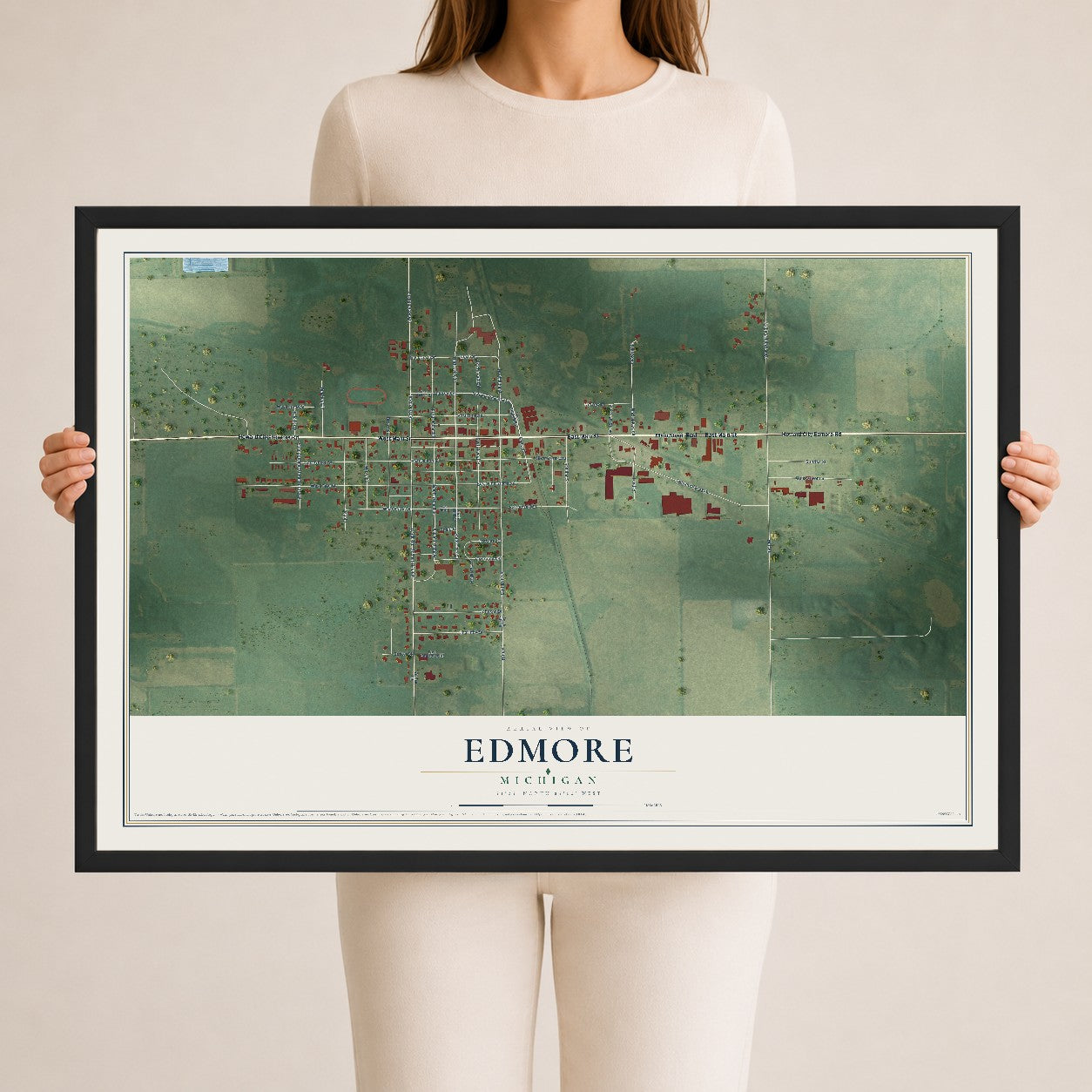 Map of Edmore, Michigan, 24 x 36 inch print in a black wood frame