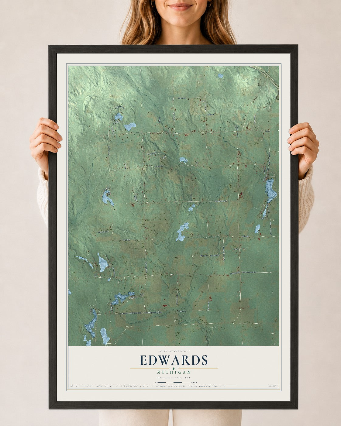 Map of Edwards, Michigan, 24 x 36 inch print in a black wood frame