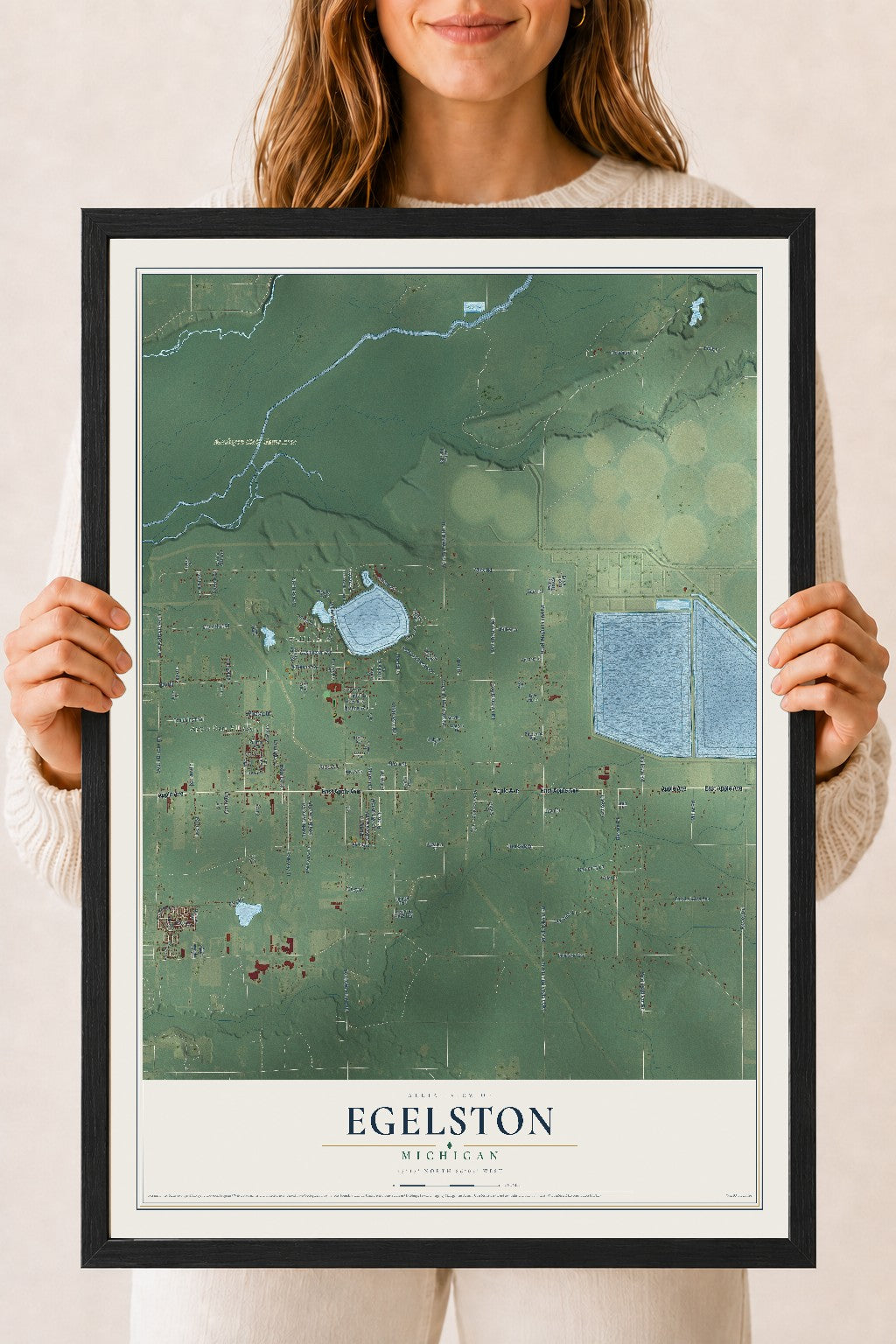 Map of Egelston, Michigan, 18 x 24 inch print in a black wood frame