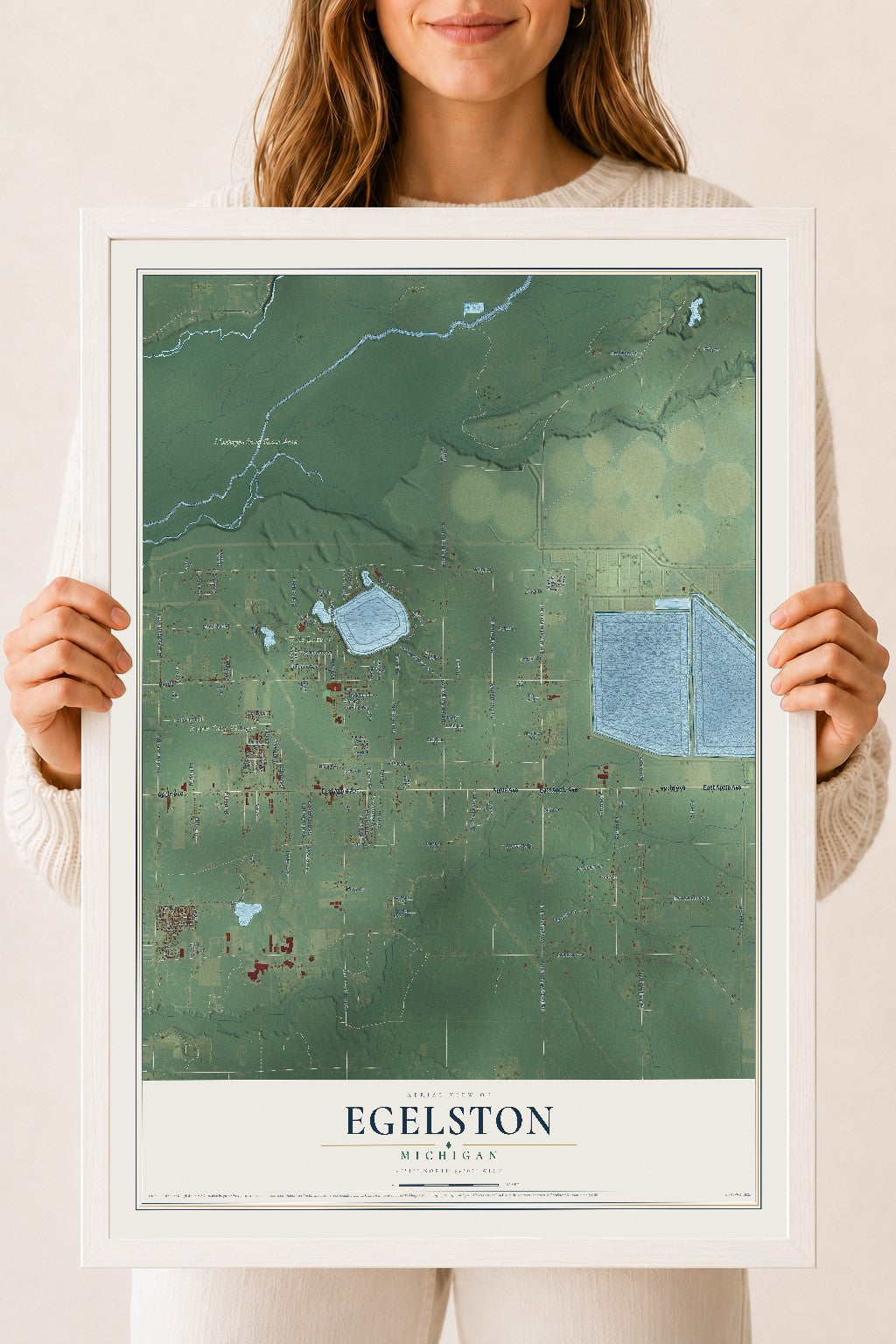 Map of Egelston, Michigan, 18 x 24 inch print in a white wood frame