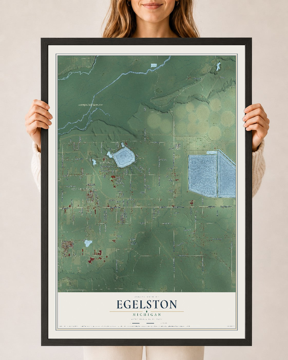 Map of Egelston, Michigan, 24 x 36 inch print in a black wood frame