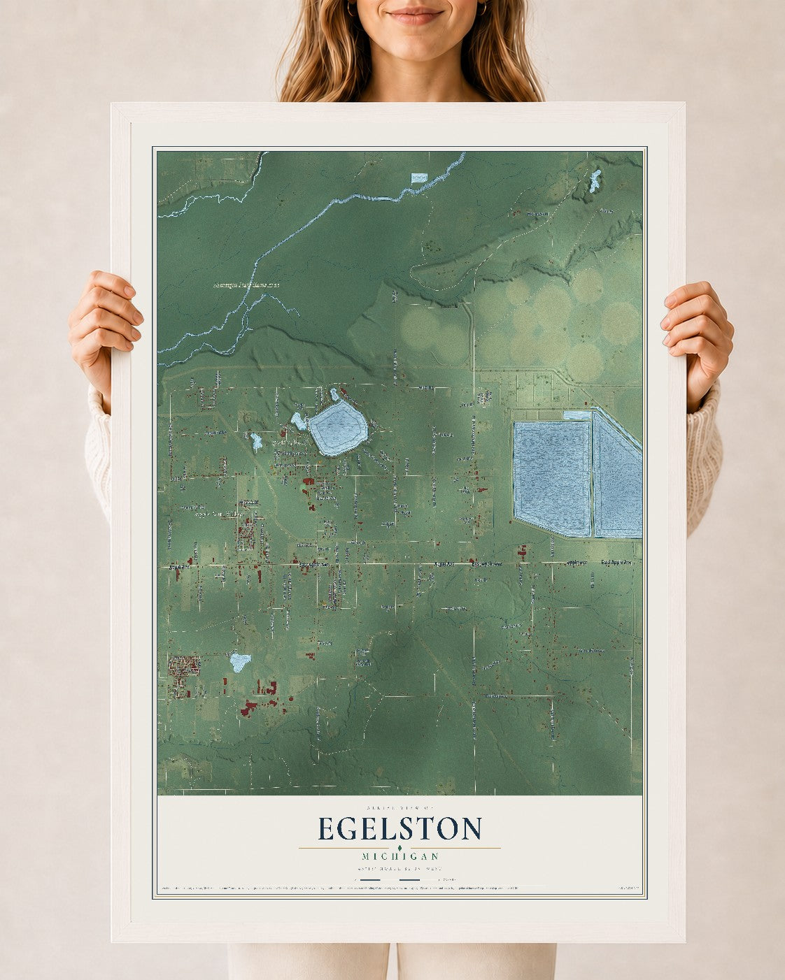 Map of Egelston, Michigan, 24 x 36 inch print in a white wood frame