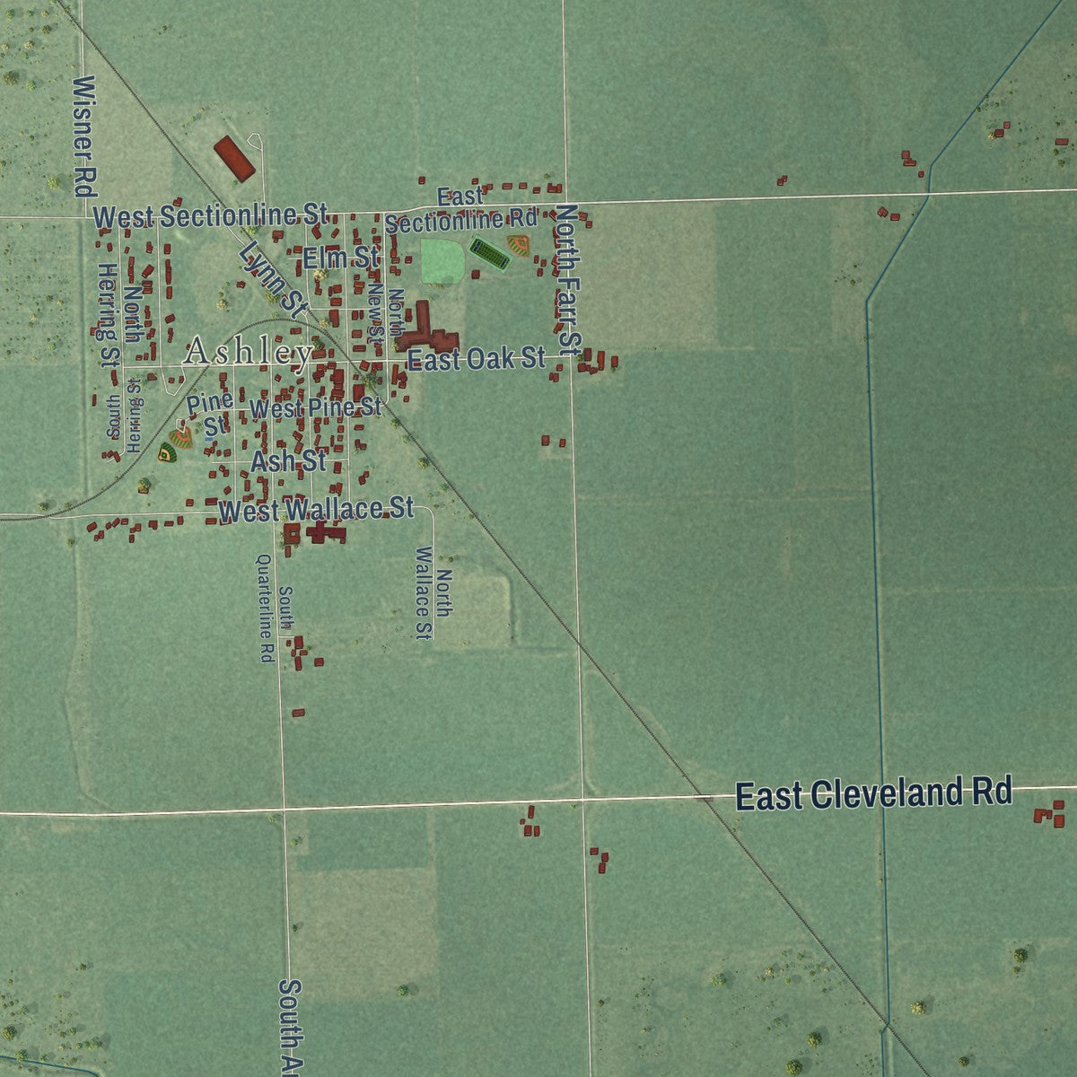 Close-up of the map of Elba, Gratiot County, Michigan print showing street and building detail
