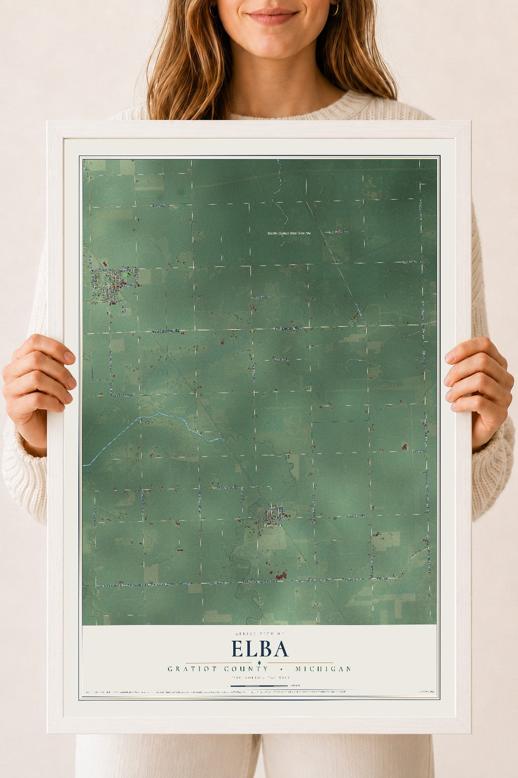 Map of Elba, Gratiot County, Michigan, 18 x 24 inch print in a white wood frame