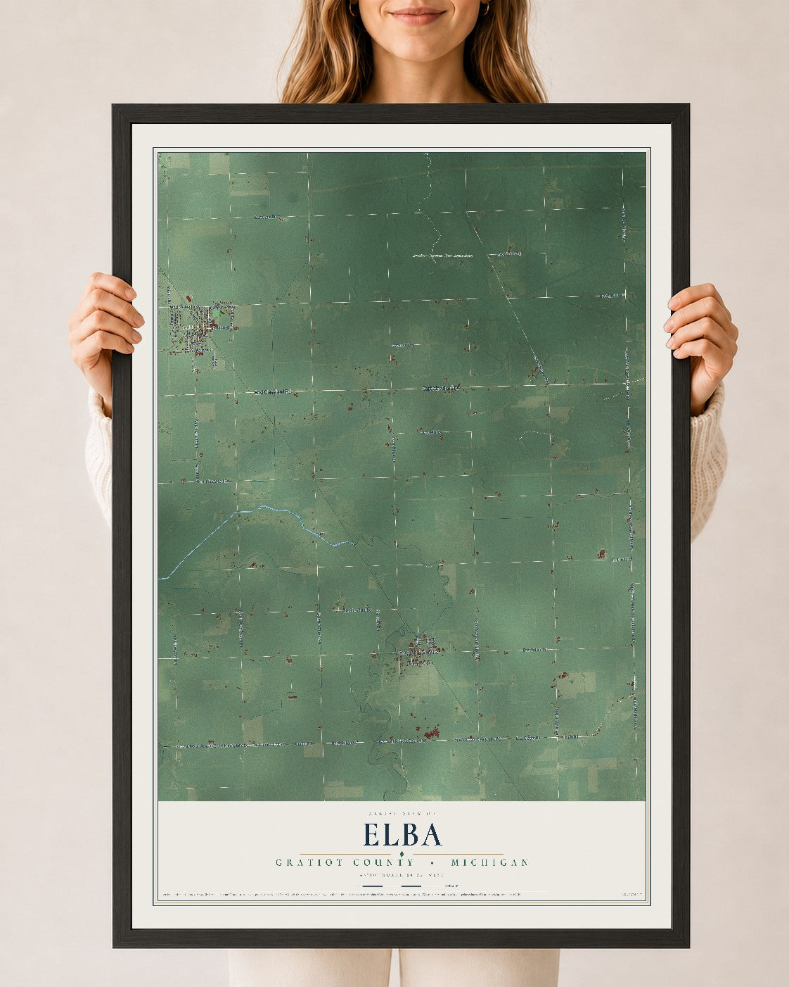Map of Elba, Gratiot County, Michigan, 24 x 36 inch print in a black wood frame