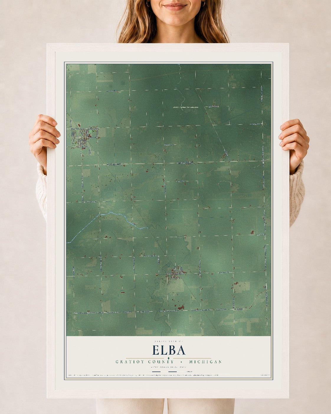 Map of Elba, Gratiot County, Michigan, 24 x 36 inch print in a white wood frame