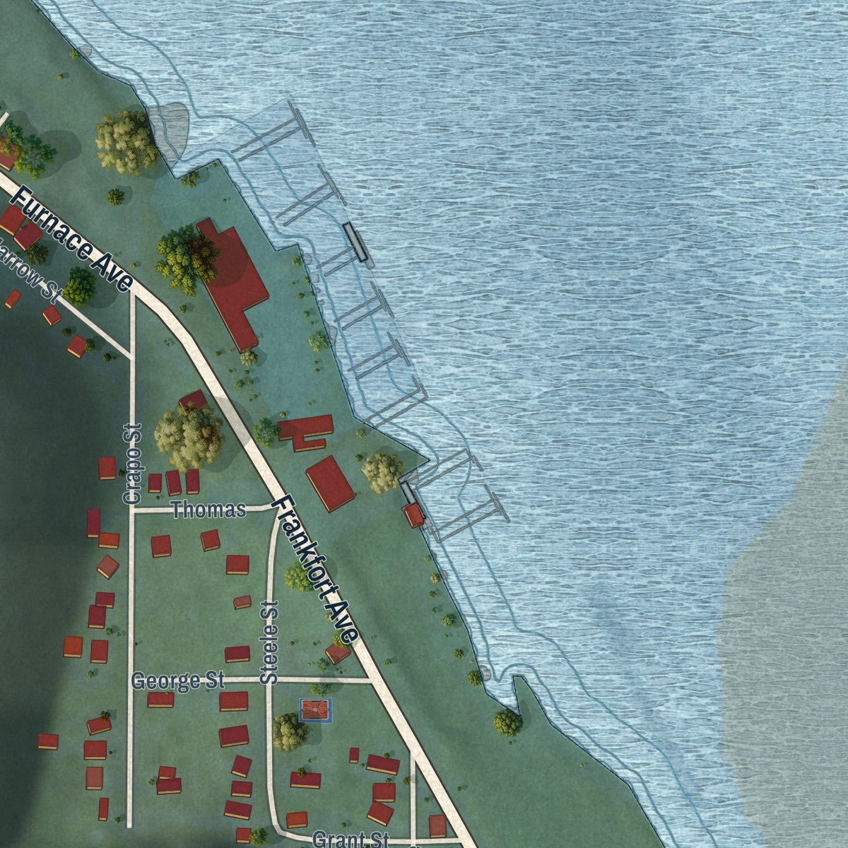 Second close-up of the map of Elberta, Michigan print showing more streets and buildings