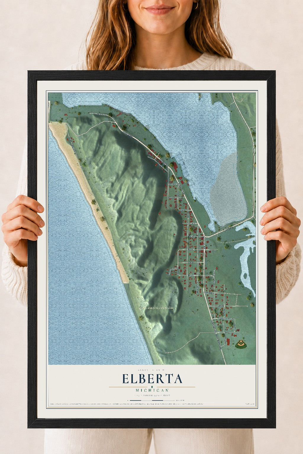 Map of Elberta, Michigan, 18 x 24 inch print in a black wood frame
